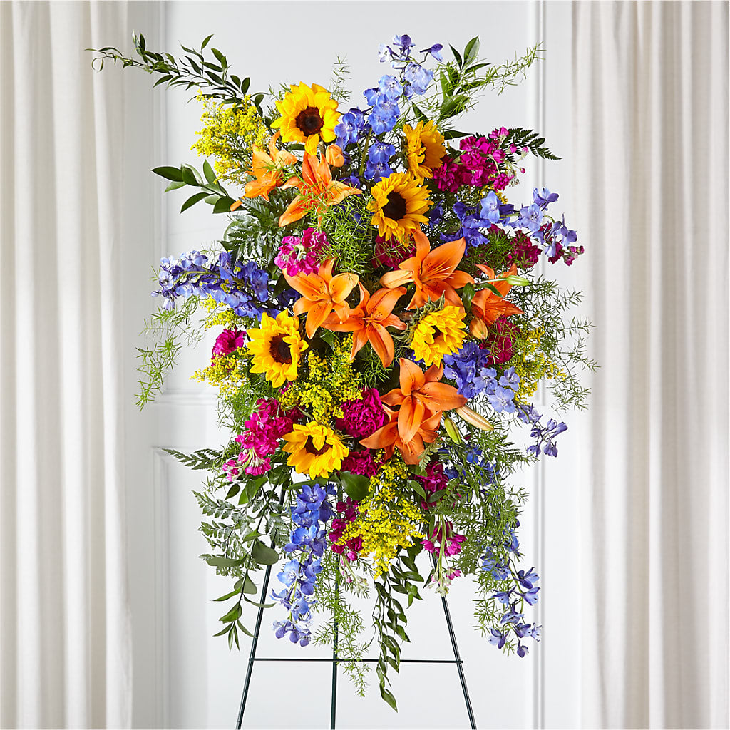 Sunlit Memories Standing Spray (Standard) – CHARLIE'S FLOWERS & GOURMET BASKETS, Rahway NJ